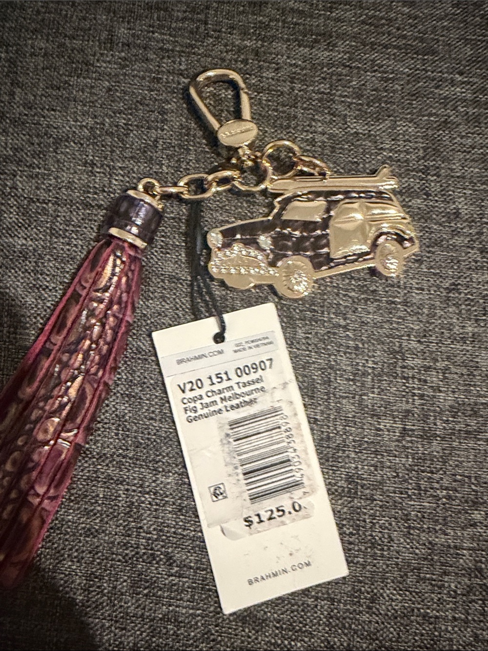 Brahmin Fig Jam Leather Tassel Key Fob with Gold Car Charm